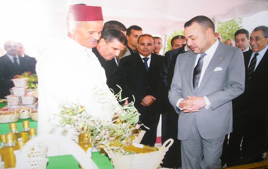 جلالة الملك محمد السادس خلال زيارته لإقليم تاونات سنة2010 يتحدث مع الحاج الحمامي رئيس وحدة الزيتون